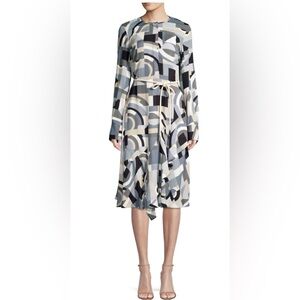Lafayette 148 New York Abstract Geometric Midi Dress in Gray, Black, Cream
